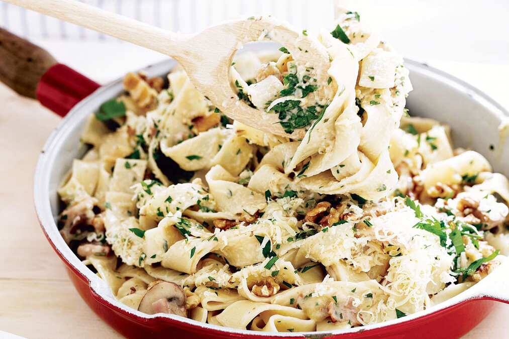 Tagliatelle With Mushroom Bacon & Walnut Sauce