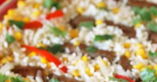 Baked Sausages and Rice with Peppers & Corn