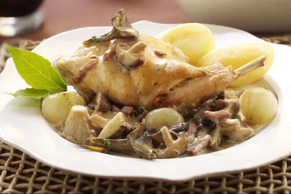 How to make Rabbit Fricassee With Bacon Pearl Onions And Mushrooms Recipe