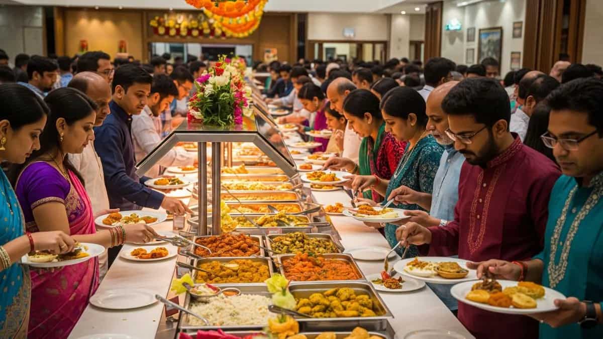 Indian wedding guests enjoying vegetarian buffet